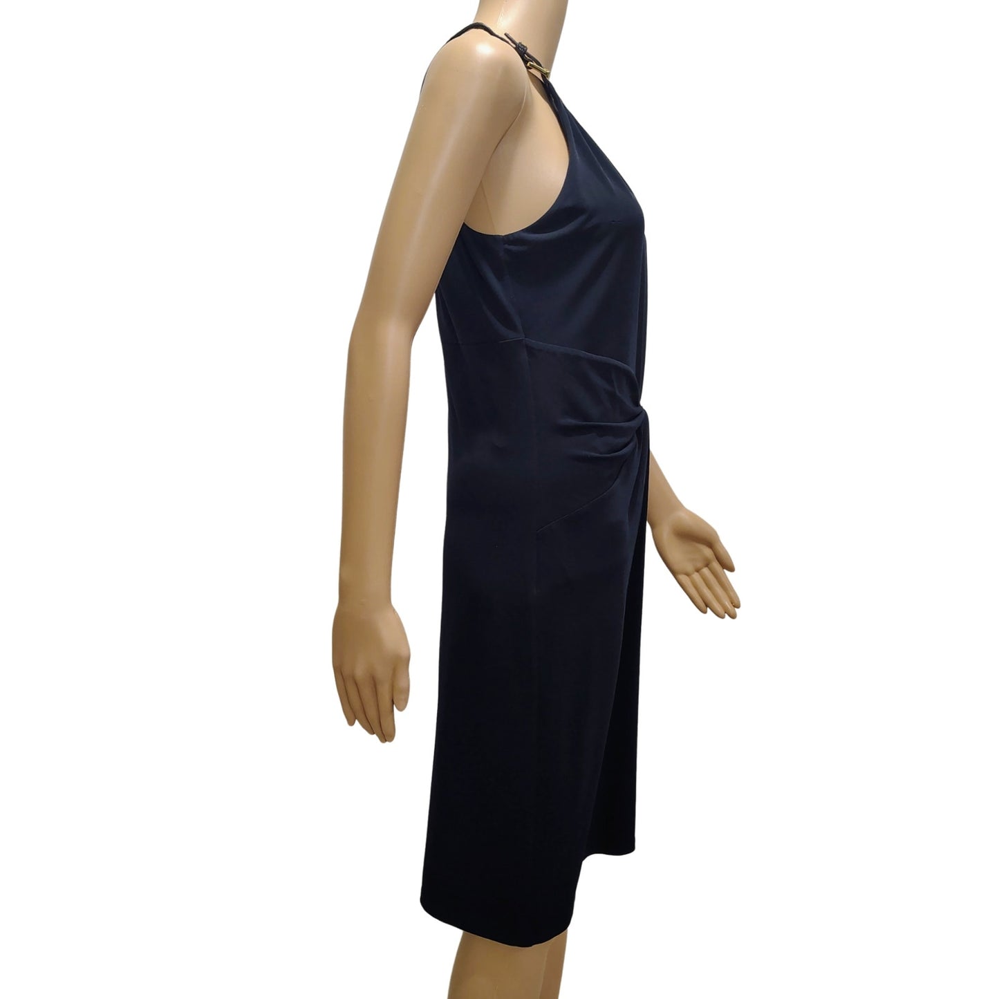 Halter Brown Leather Collar Black Bodycon Midi Dress Ruched Michael Kors SZ M