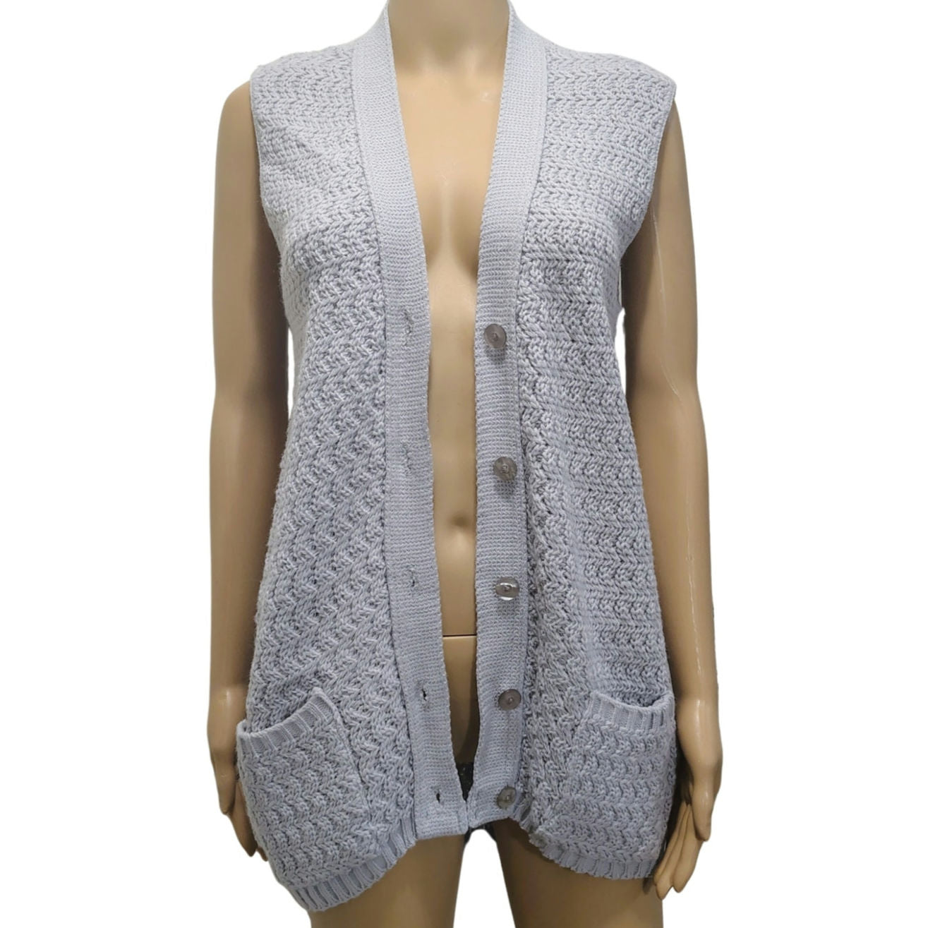 70s Gray Sweater Vest Acrylic Cardigan Button Up Boho Style College Point Size M