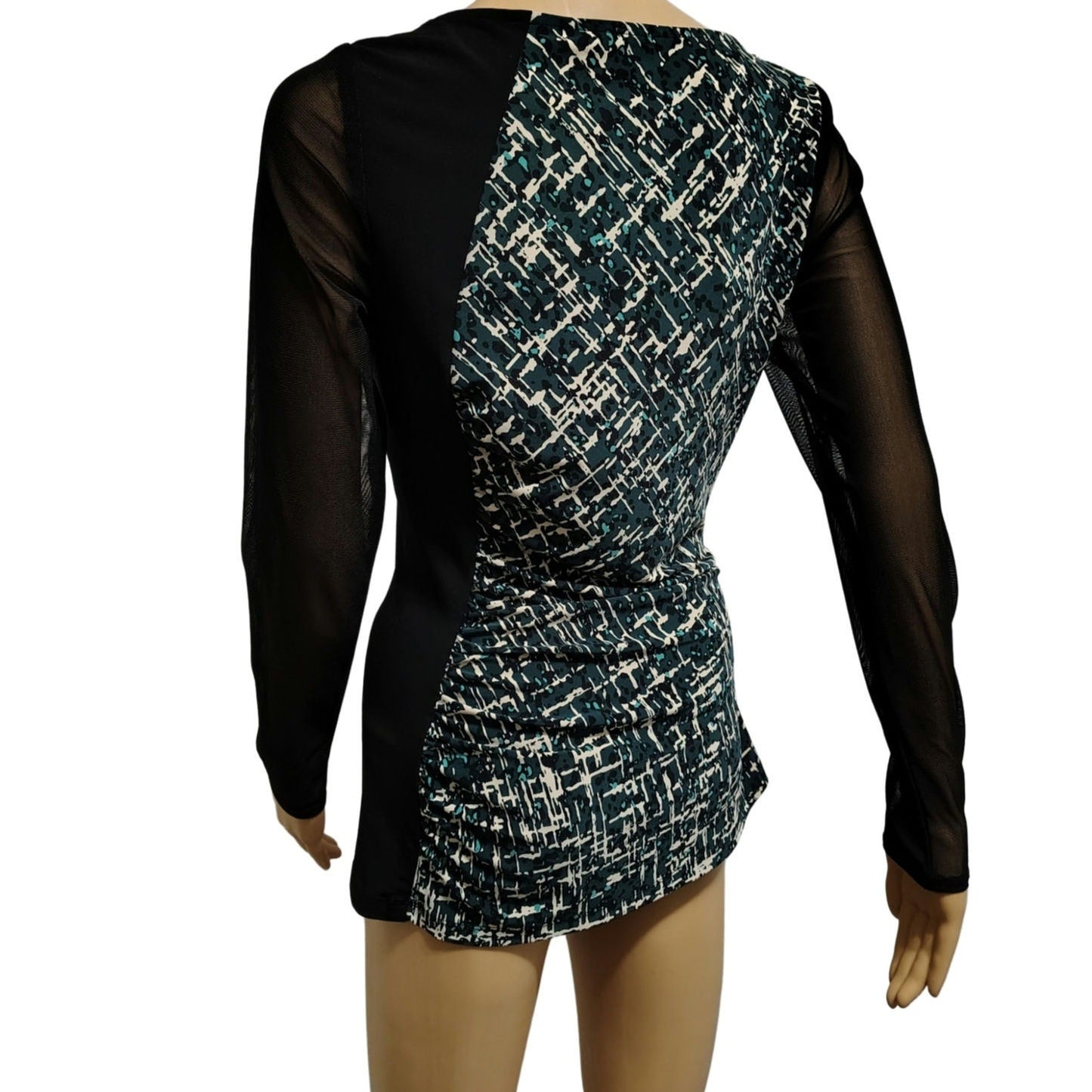 Sheer Long Sleeve Abstract Print Bodycon Top Black Green Anne Klein Size 8