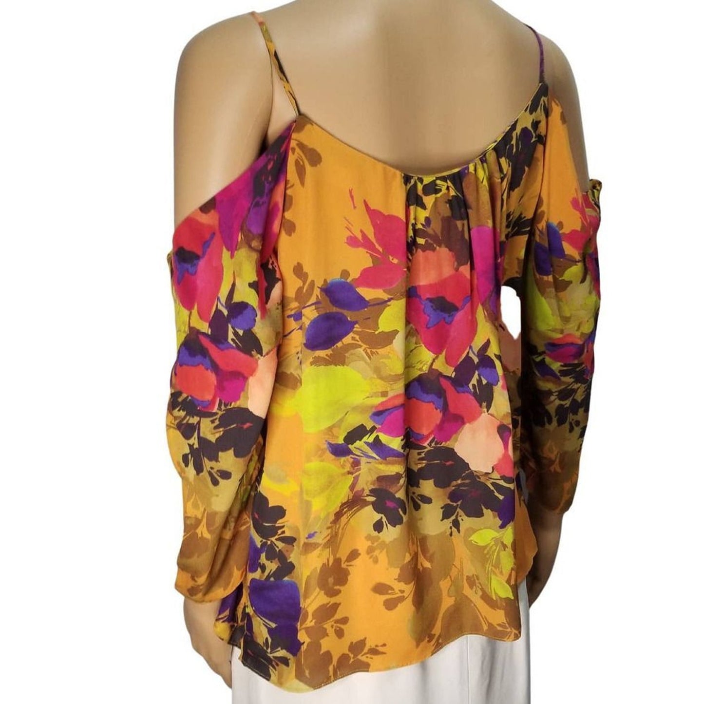 Nicole Miller Atelier Silk Floral Cold Shoulder Deep V Neck Top Size Small