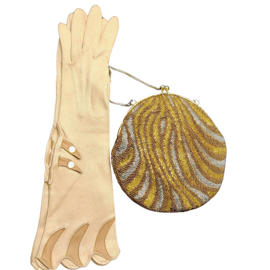 1940s Vintage Tan Fitted Evening Gloves 14" Mother of Pearl Buttons Size 6.5 GER