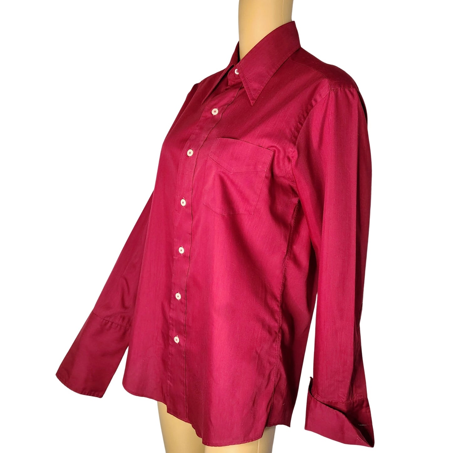 1970s Burgundy Wine Button Up Long Sleeve Folded Wrist Cuffs Dress Shirt Size 15 [Vintage}