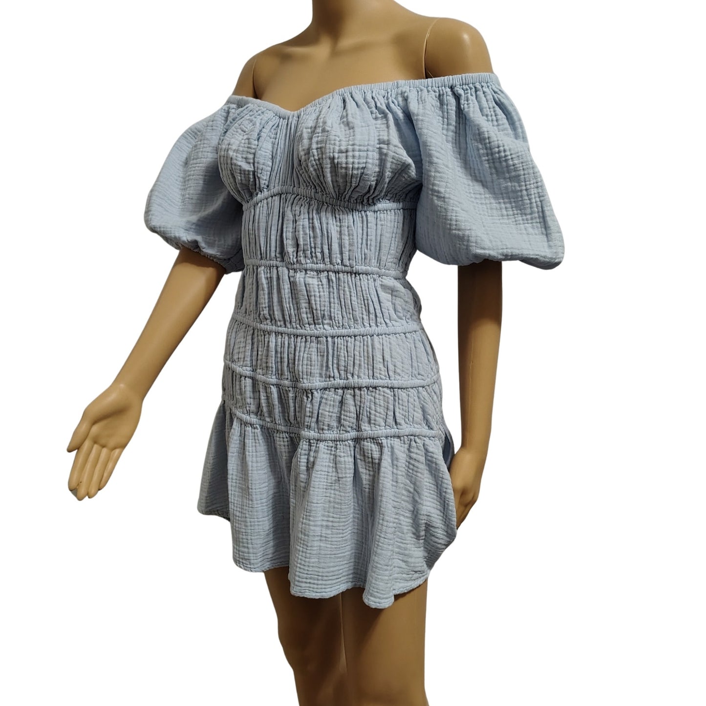 Vintage Havana Label Light Blue Fit & Flare Mini Dress Off The Shoulder Size Medium