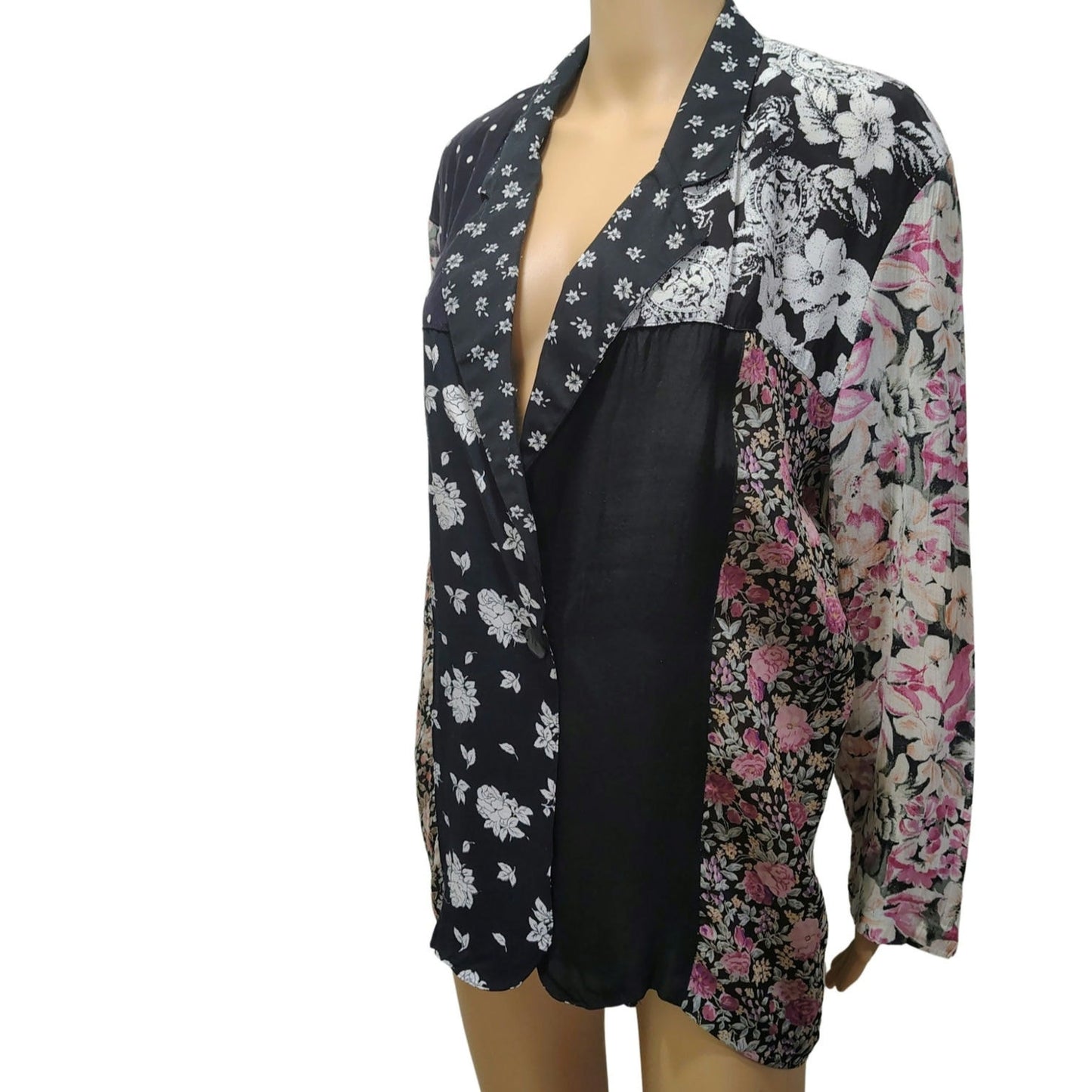 90s Patchwork Floral Striped Light Weight Box Cut Blazer Fold Down Collar Sz Sm