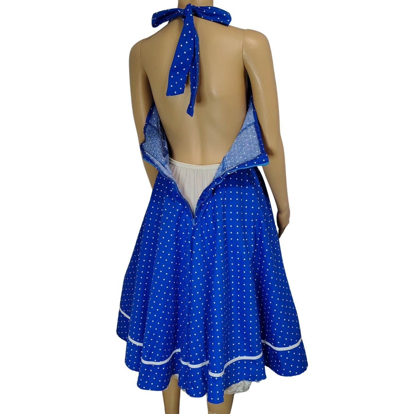 Hell Bunny Rockabilly Dress Blue White Halter Polka Dot Fit Flare Pinup Size Medium