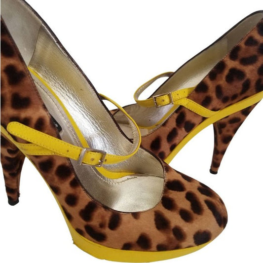 DOLCE & GABBANA Cheetah Platform Heels Yellow Trim Stilettos Size 8.5