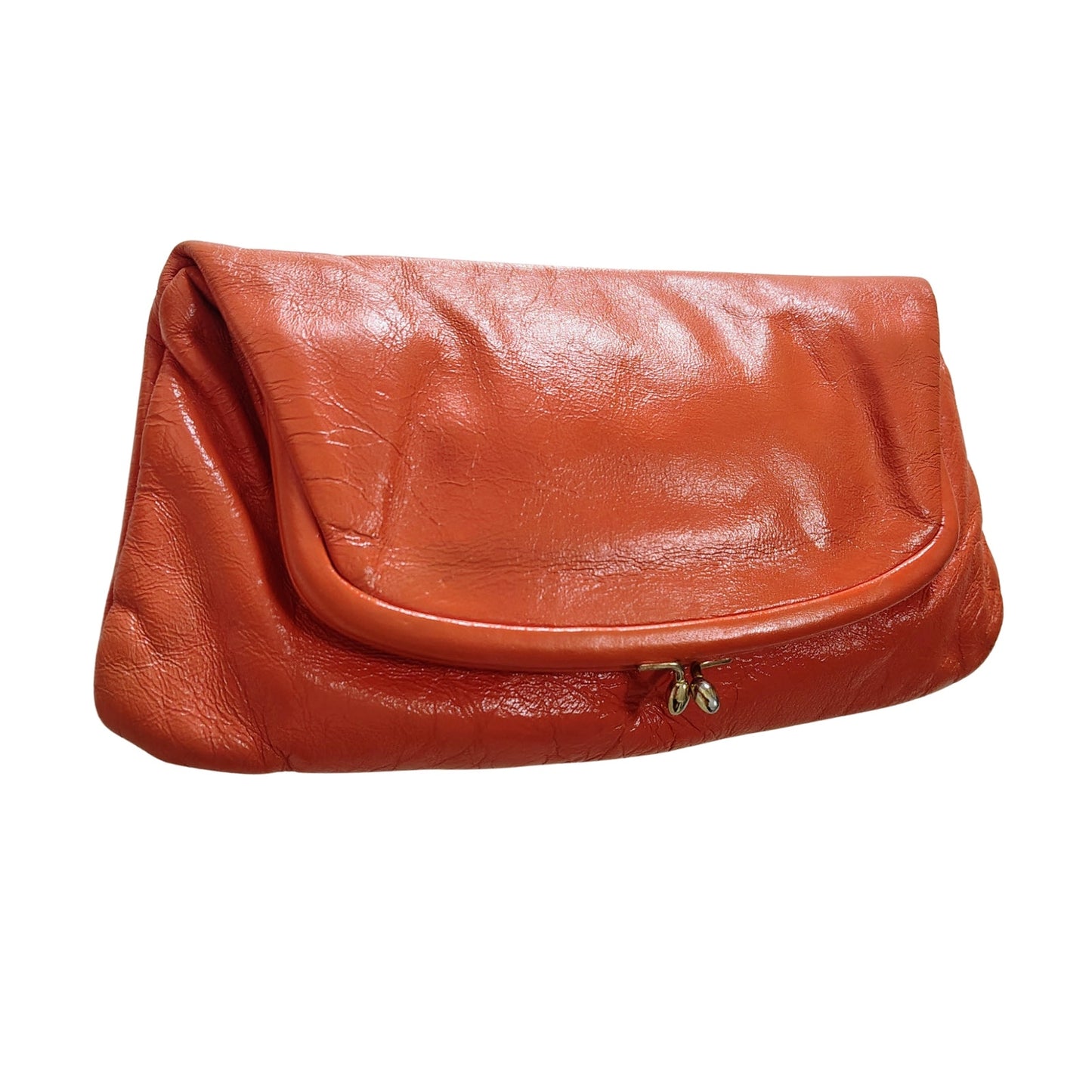 1950s Ingber Orange Genuine Leather Fold Over Clutch Handbag Gold Kiss Closure