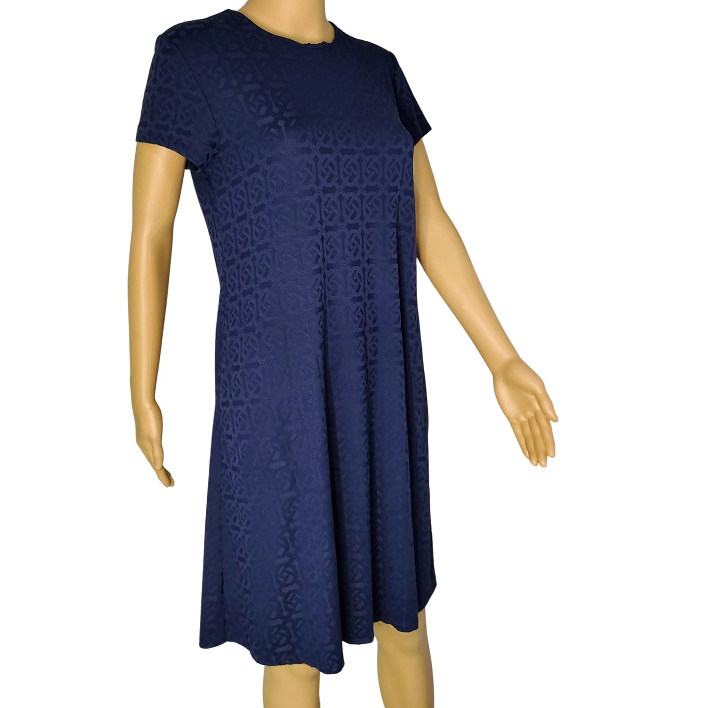 J. McLaughlin Swing Dress in Knot Print Jacquard Short Sleeve Navy Blue Size Small