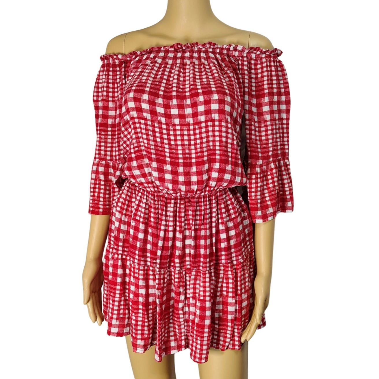 Red White Off or On Shoulder asos Fit Flare Short Sleeve Mini Dress Tunic Size 4