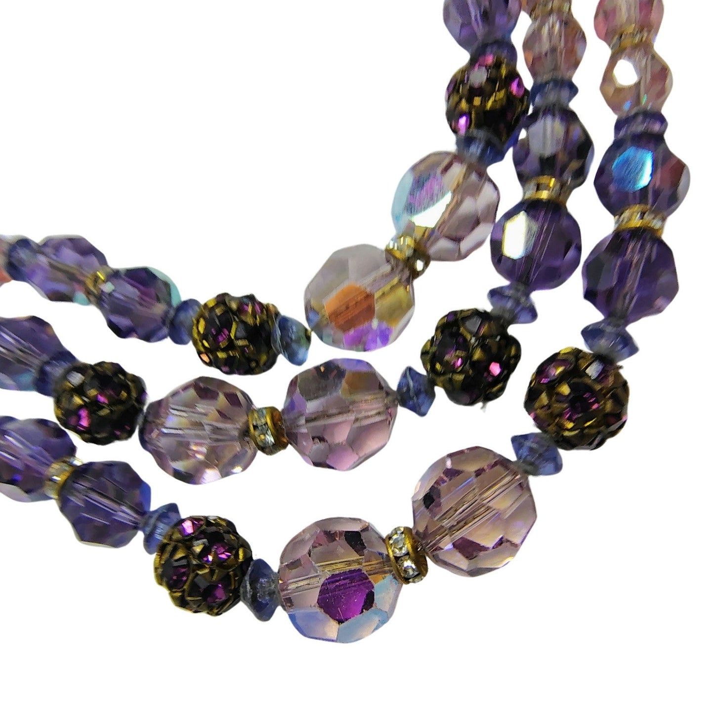 Vintage Beaded Purple Aurora Borealis Triple Strand Layered Statement Necklace