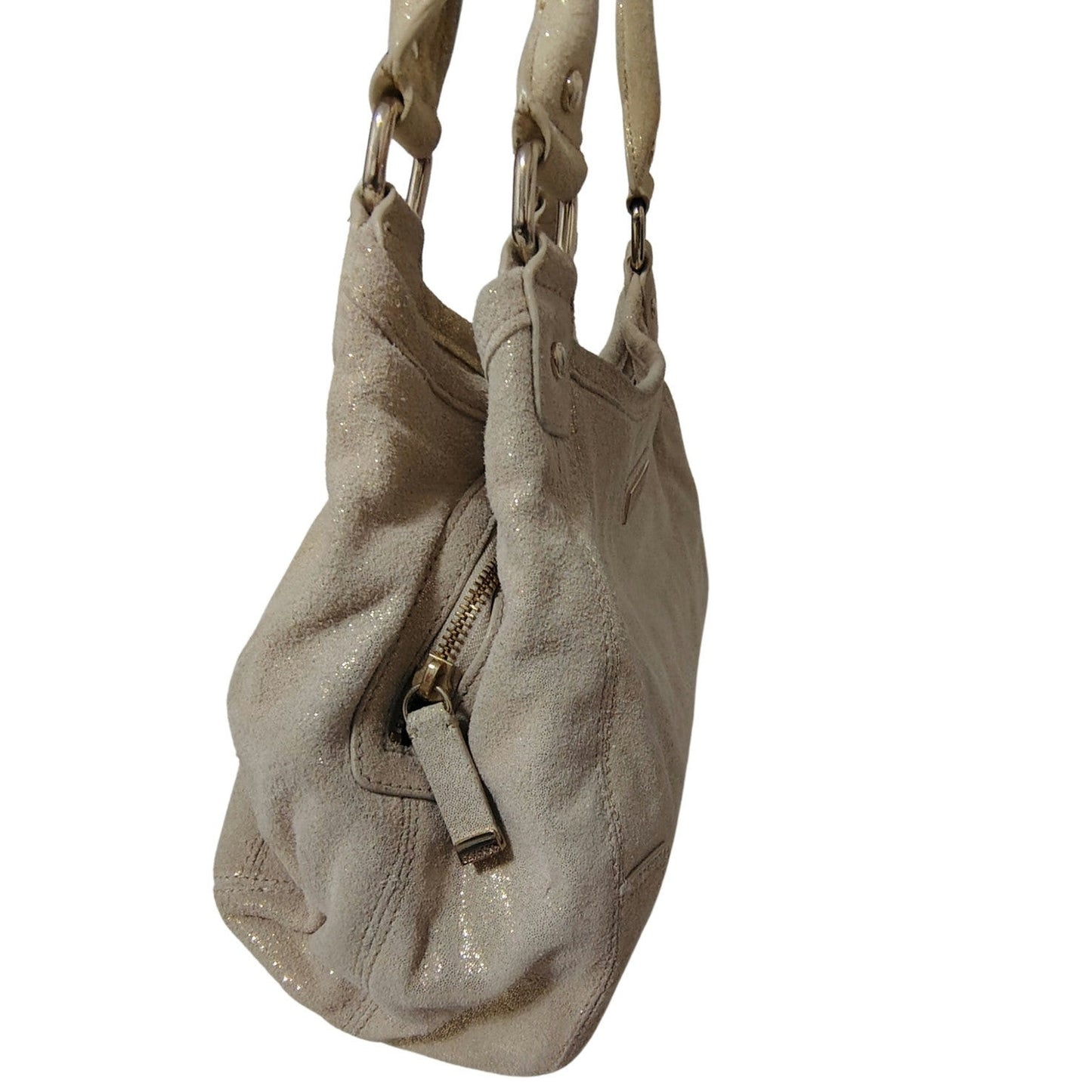 Cream Suede Gold Metallic Calvin Klein Shoulder Bag Double Handle 3 Compartments