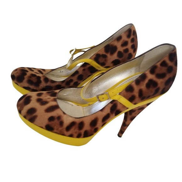DOLCE & GABBANA Cheetah Platform Heels Yellow Trim Stilettos Size 8.5