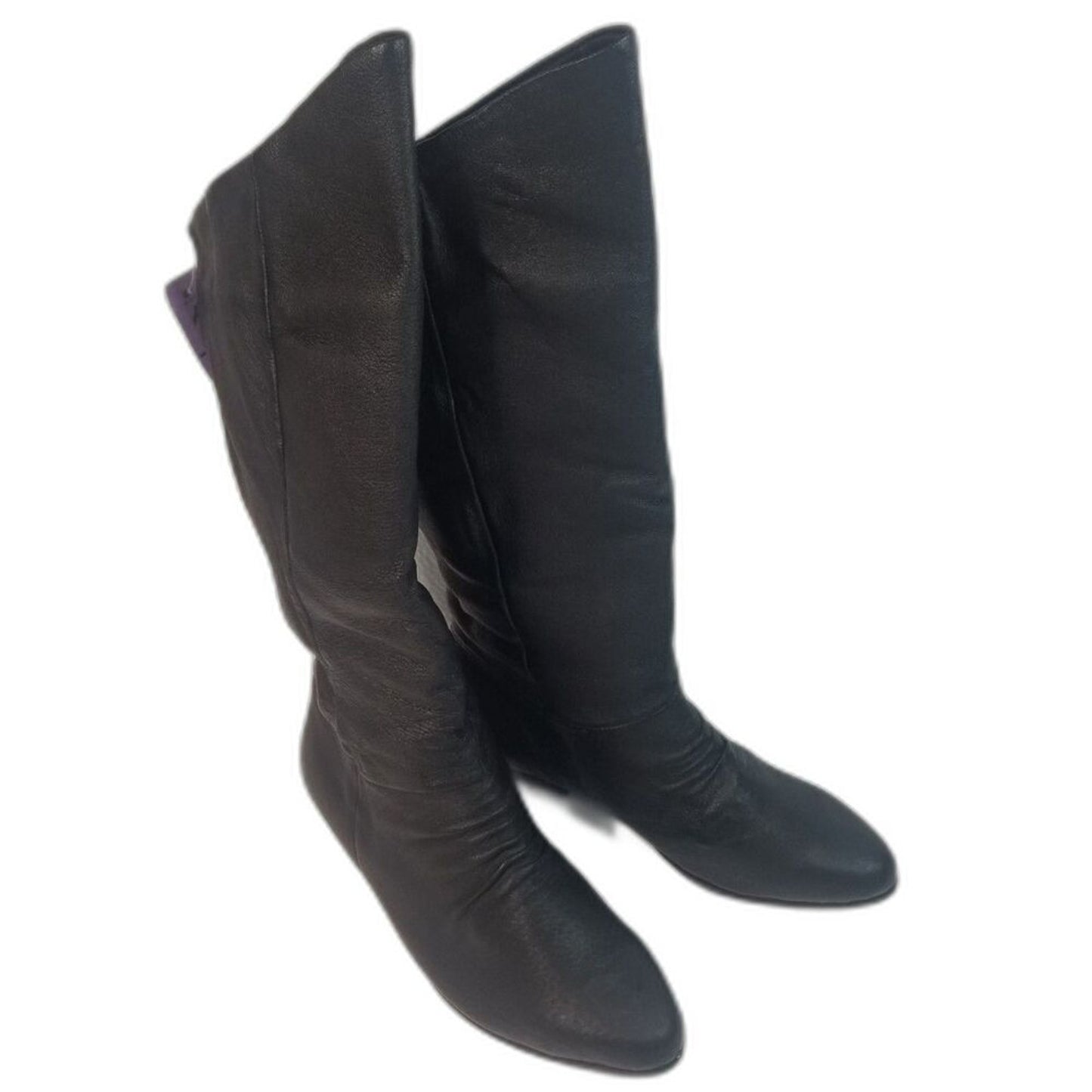 90s Vintage Black Leather Calf High Basic Editions Boots Almond Shape Toe Size 7