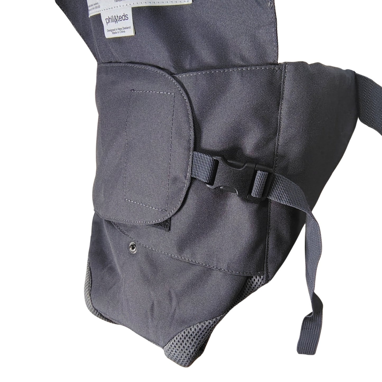 Phil and Ted's Charcoal Gray Belted Hip Baby Seat Carrier Belts Onto Hips