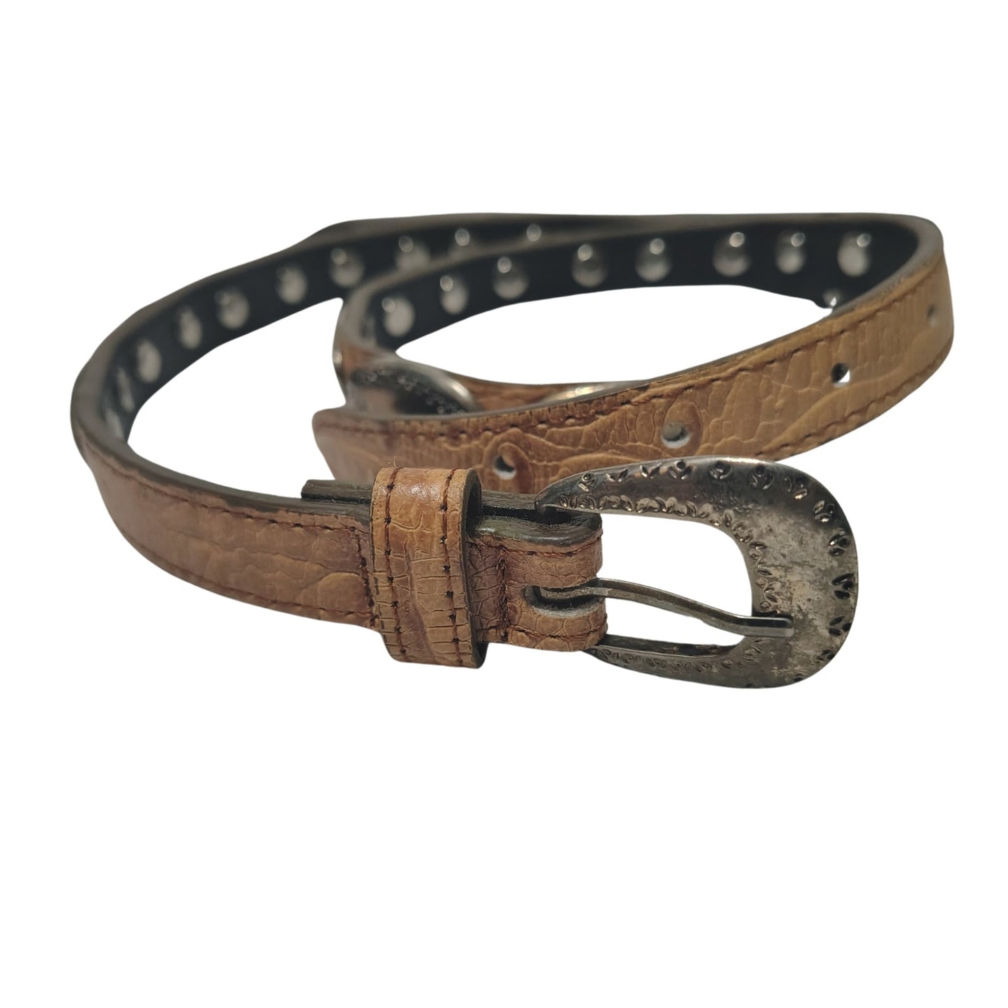 Vintage Tan Western Skinny Concho Belt Silver Tone Rounded Etched Buckle Size L