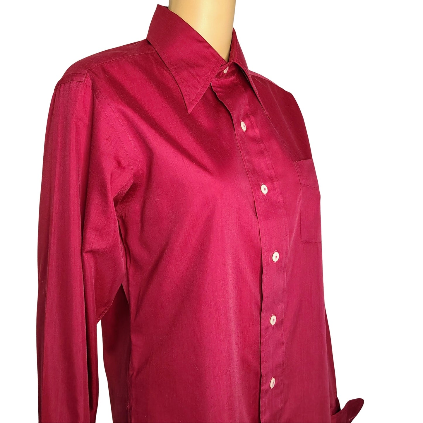 1970s Burgundy Wine Button Up Long Sleeve Folded Wrist Cuffs Dress Shirt Size 15 [Vintage}