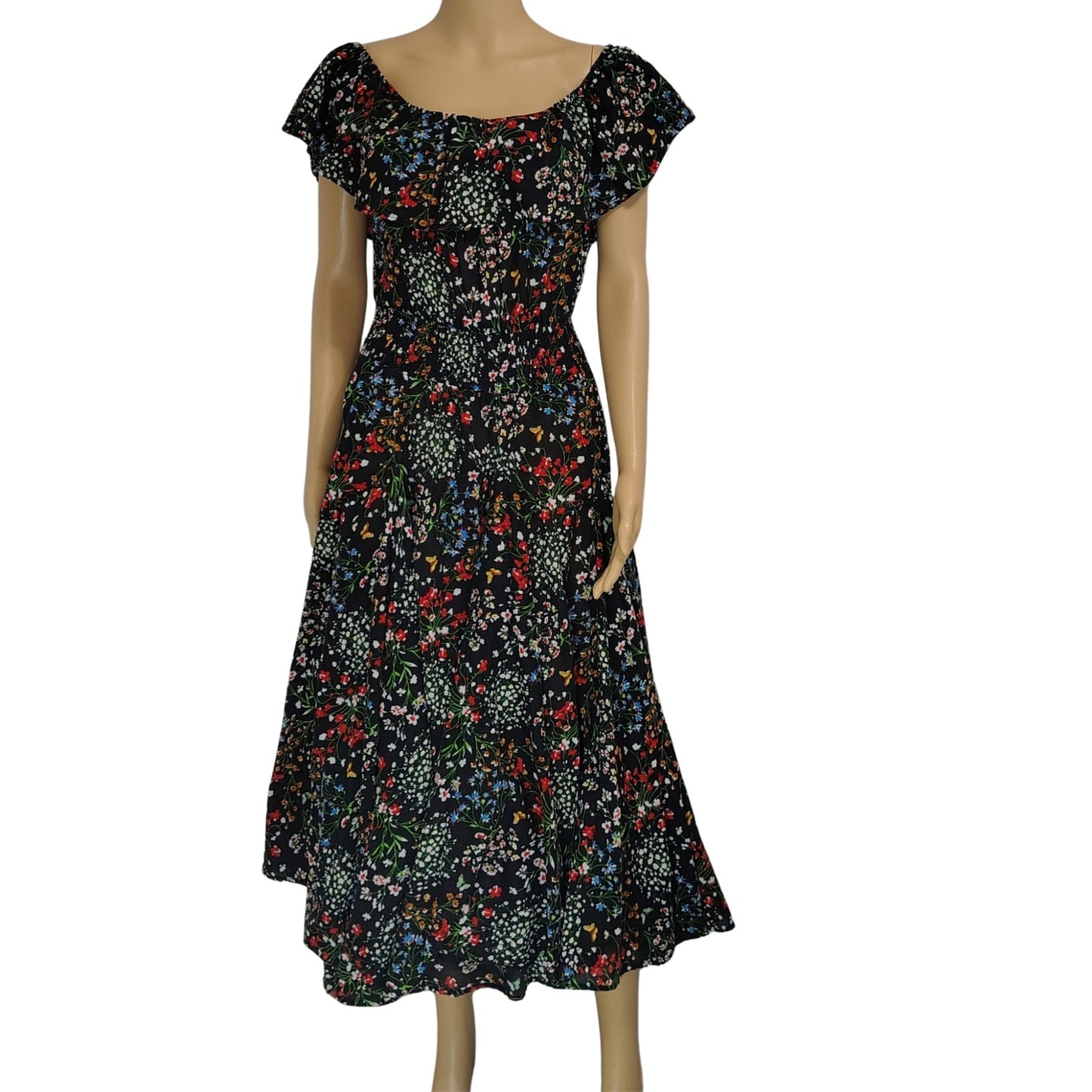 Chelsea & Theodore Floral Peasant Fit Flare Maxi Sundress Smocked Waist Size Medium