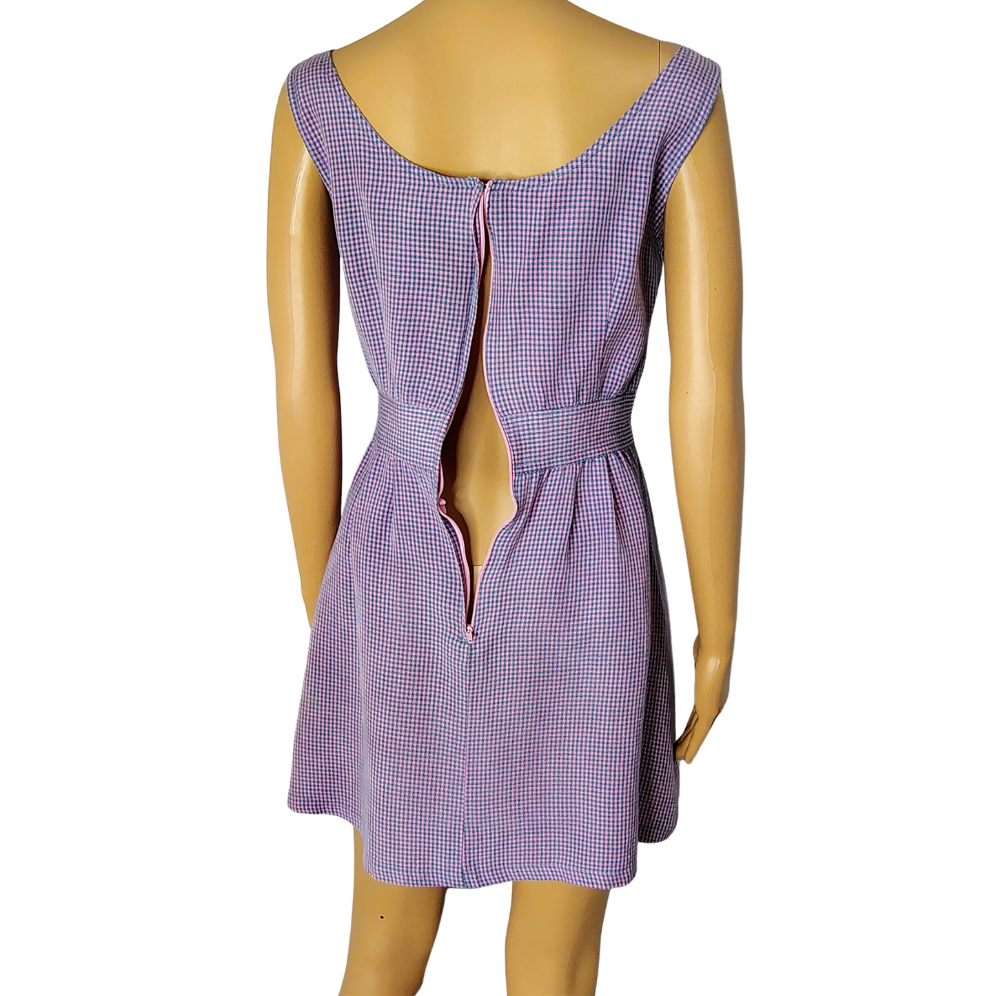 1990s Pink Blue Gingham Plaid Mini Tank Dress Long Back Zipper Faux Belt Size Small