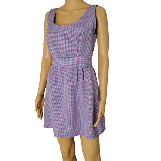 1990s Pink Blue Gingham Plaid Mini Tank Dress Long Back Zipper Faux Belt Size Small