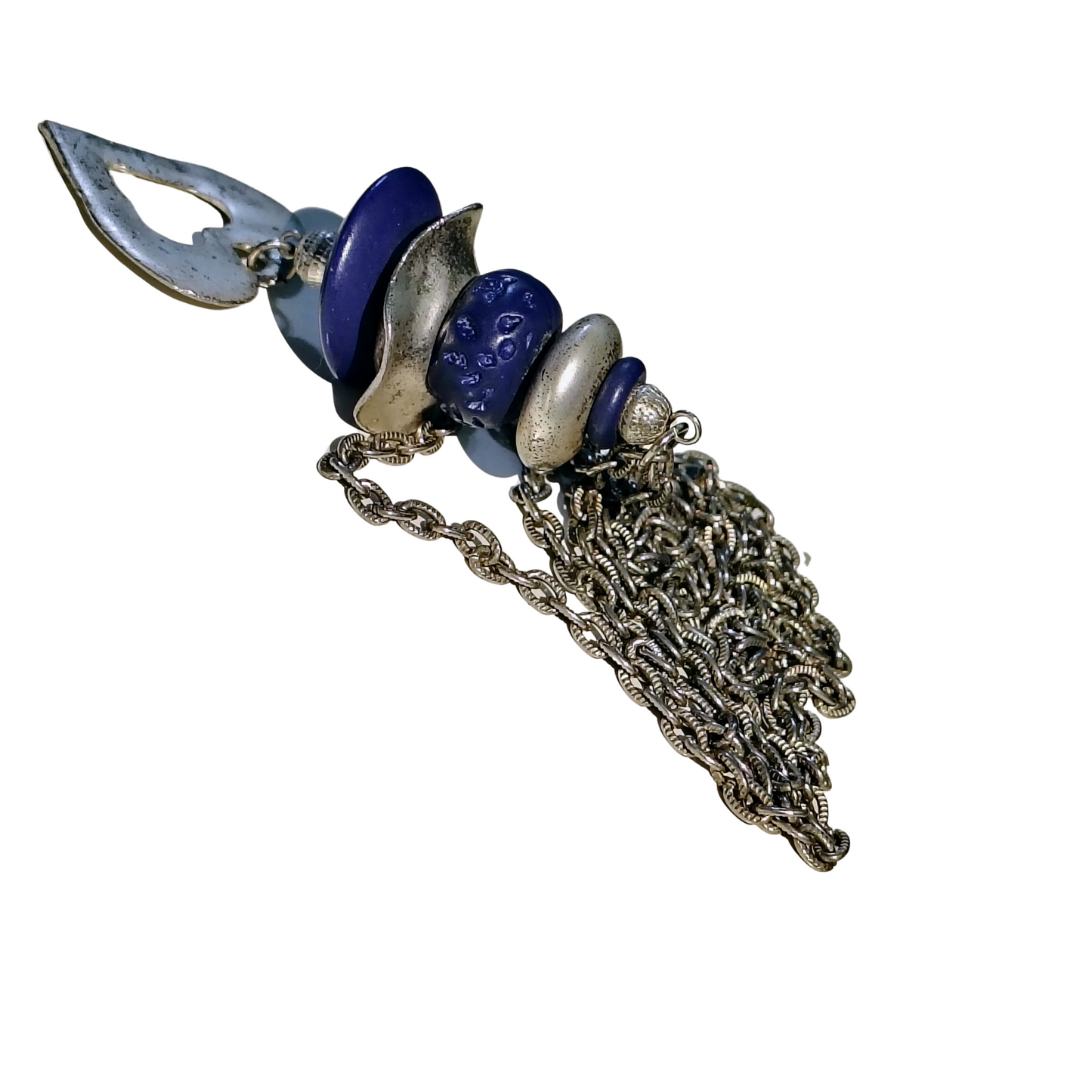 80s Purple Stacked Beads Silver Tone Heart Long Chain Link Statement Necklace