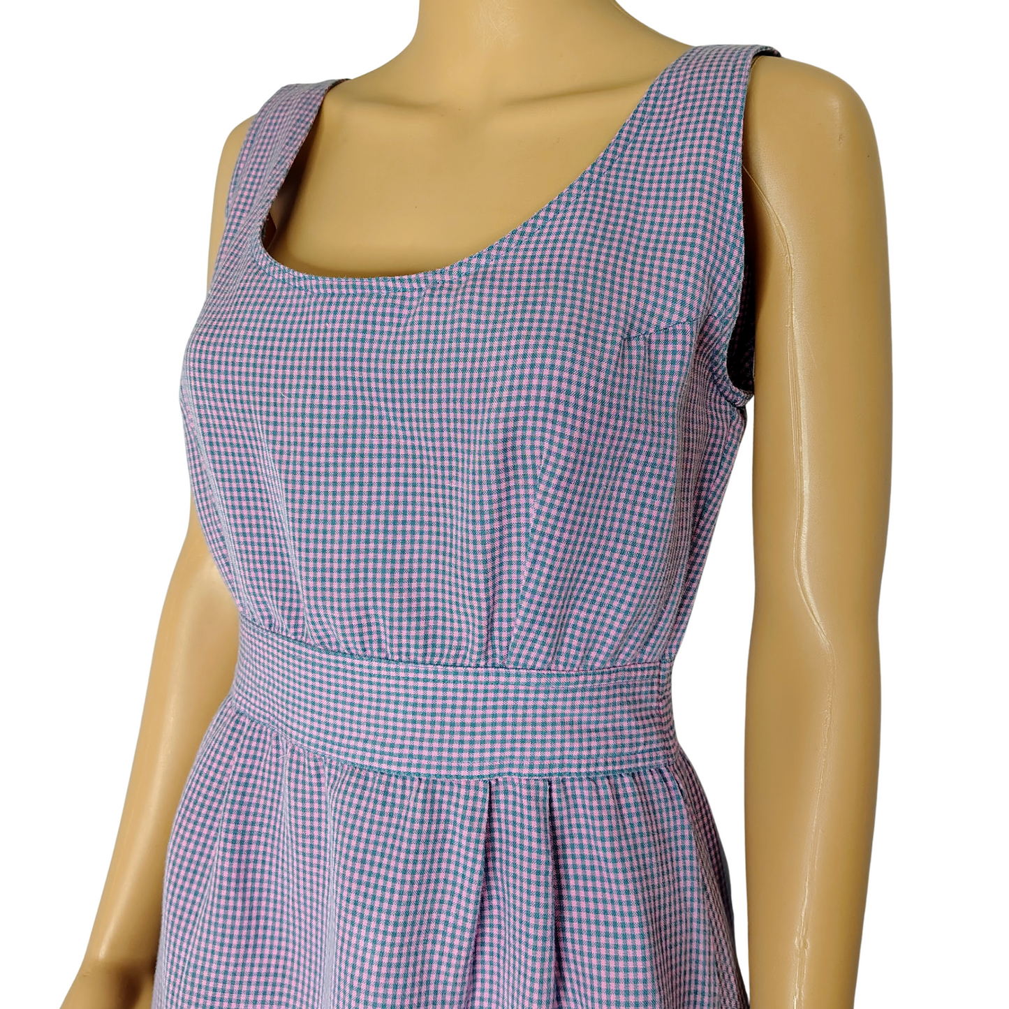 1990s Pink Blue Gingham Plaid Mini Tank Dress Long Back Zipper Faux Belt Size Small