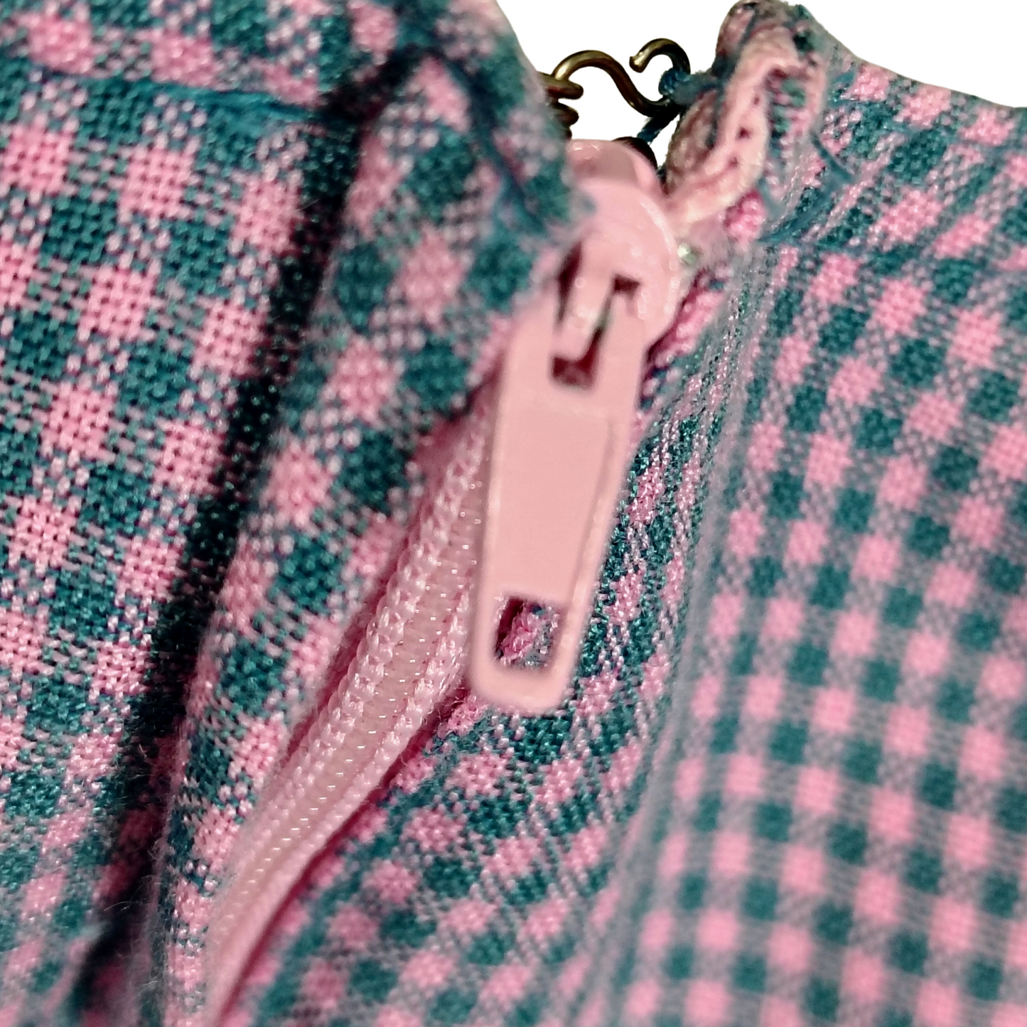 1990s Pink Blue Gingham Plaid Mini Tank Dress Long Back Zipper Faux Belt Size Small