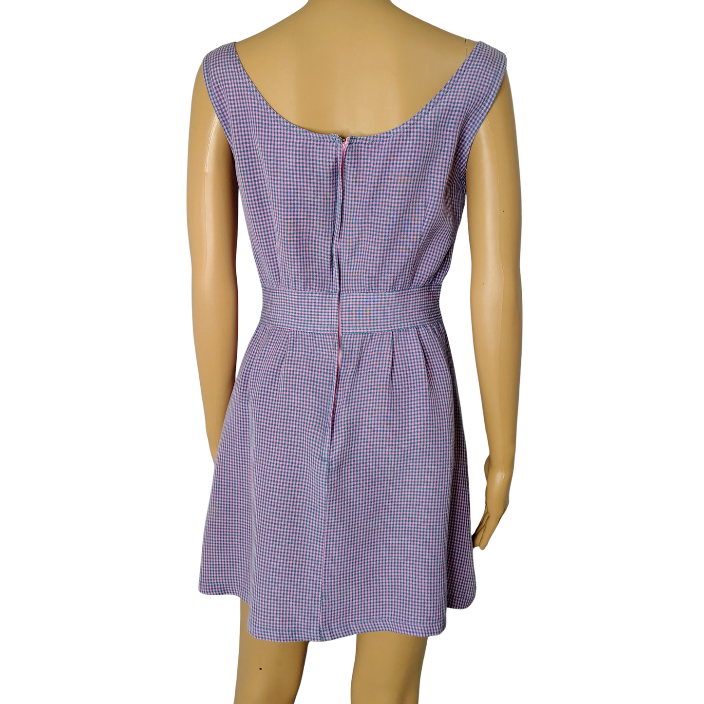 1990s Pink Blue Gingham Plaid Mini Tank Dress Long Back Zipper Faux Belt Size Small