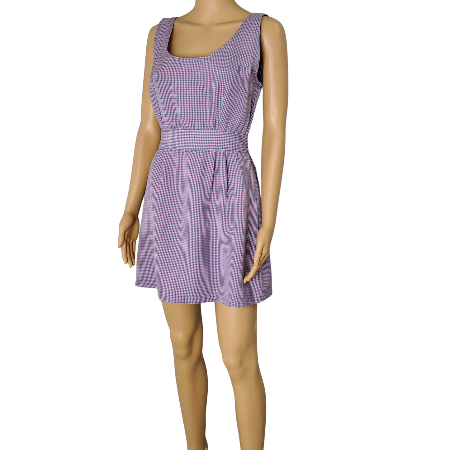 1990s Pink Blue Gingham Plaid Mini Tank Dress Long Back Zipper Faux Belt Size Small