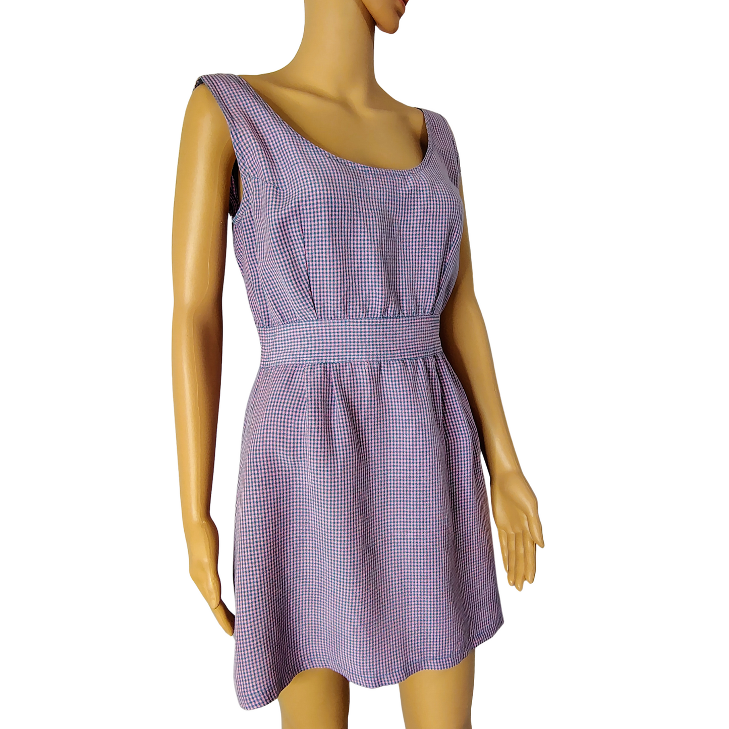 1990s Pink Blue Gingham Plaid Mini Tank Dress Long Back Zipper Faux Belt Size Small
