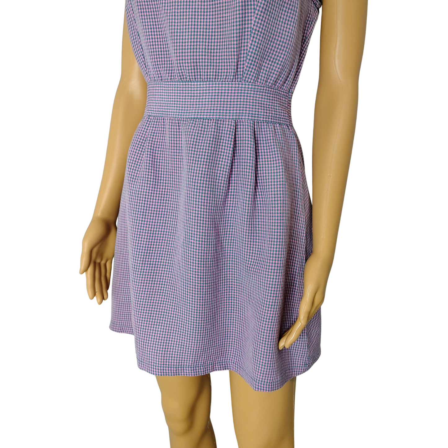 1990s Pink Blue Gingham Plaid Mini Tank Dress Long Back Zipper Faux Belt Size Small