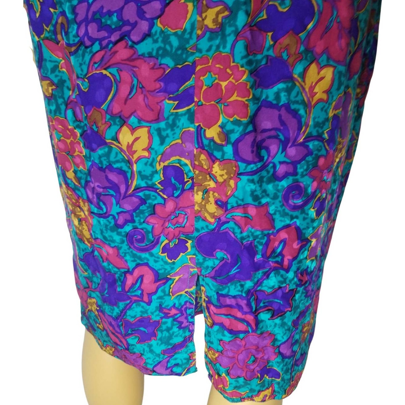 Blue Floral Print Pleated Bodycon Silk Dress Long Sleeve Shoulder Pads Size 8