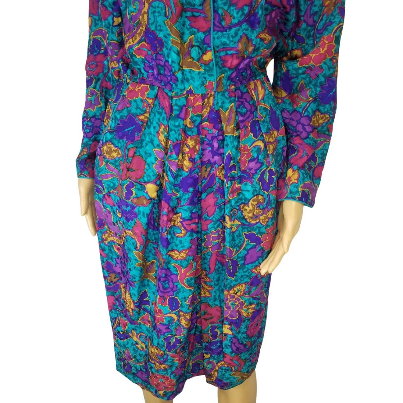 Blue Floral Print Pleated Bodycon Silk Dress Long Sleeve Shoulder Pads Size 8