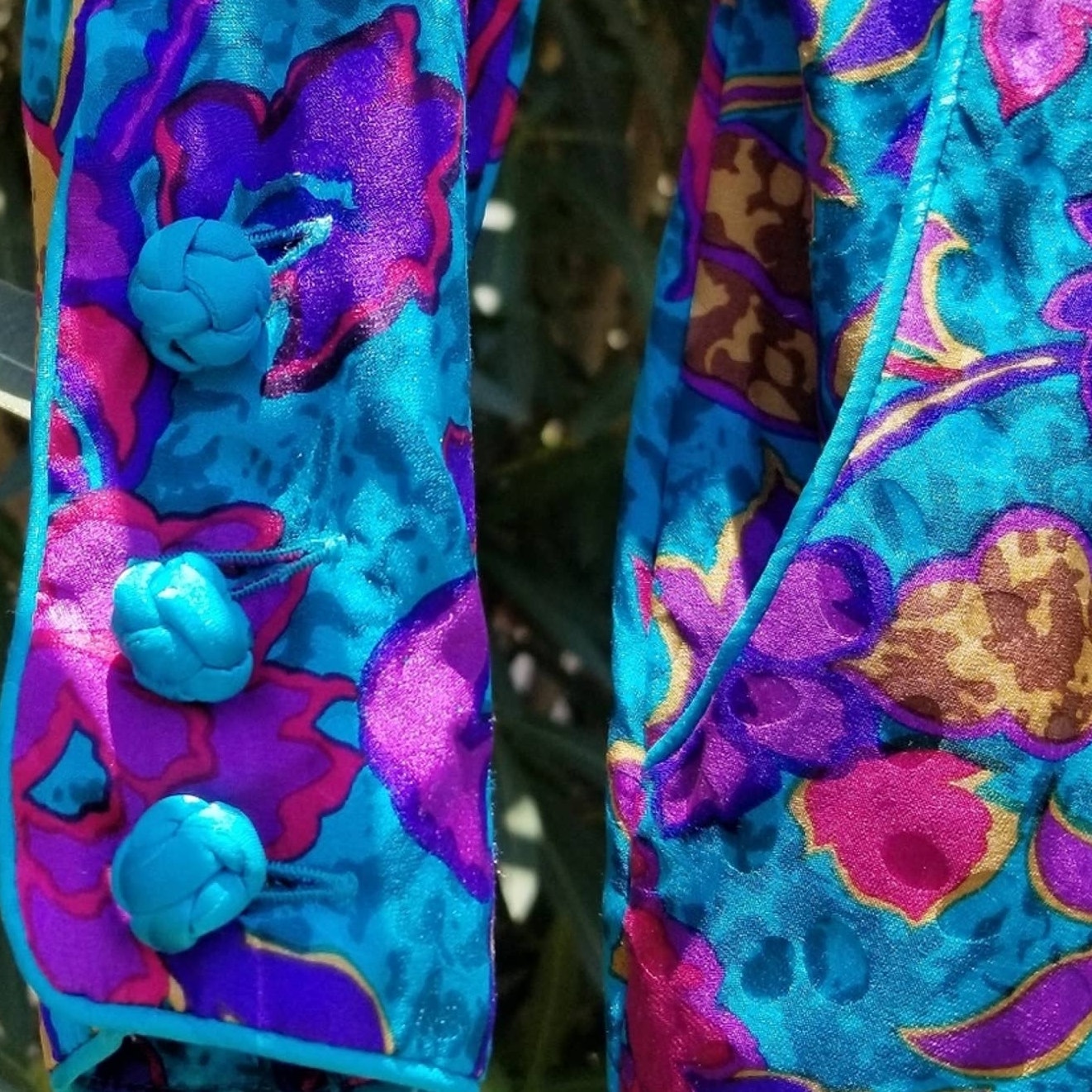 Blue Floral Print Pleated Bodycon Silk Dress Long Sleeve Shoulder Pads Size 8
