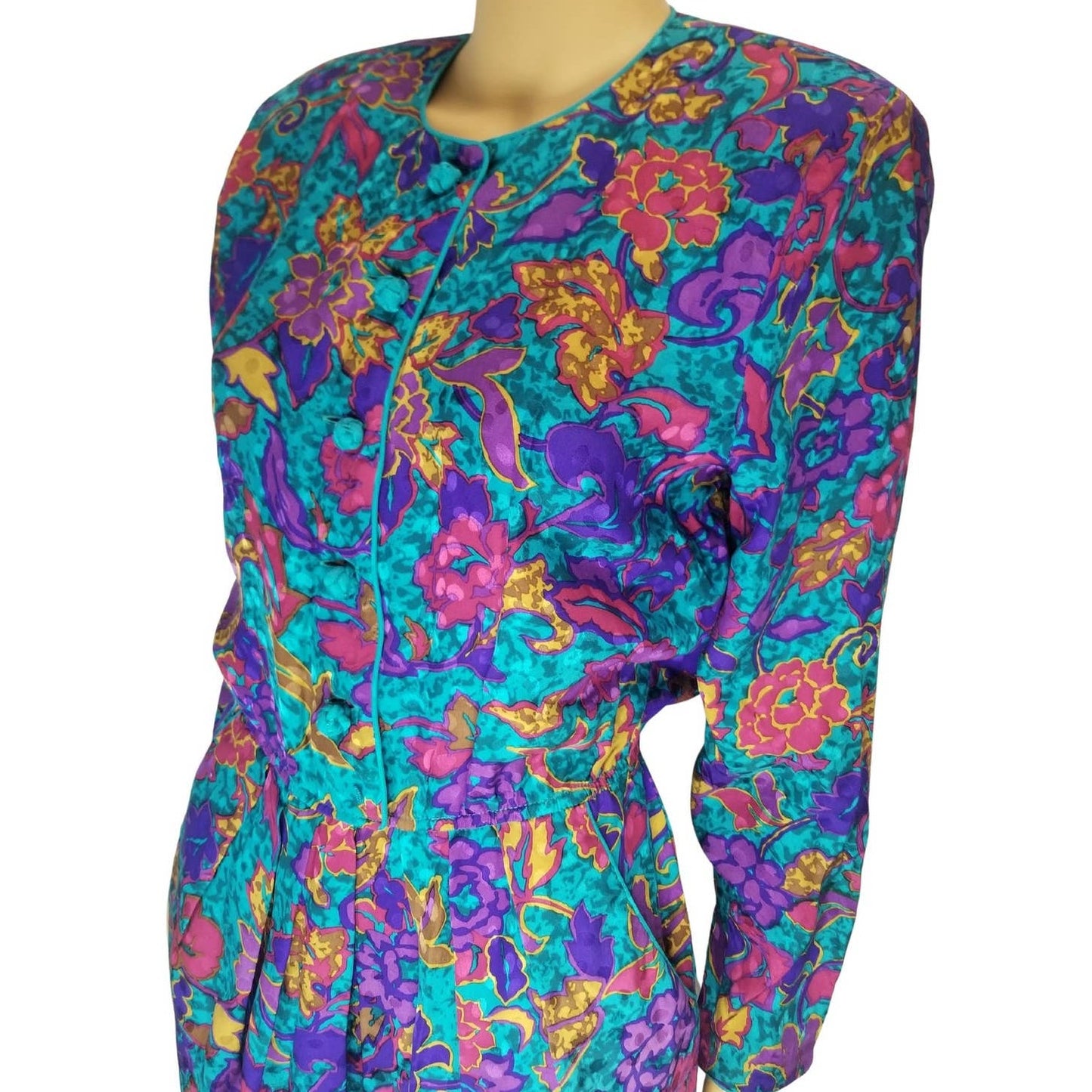 Blue Floral Print Pleated Bodycon Silk Dress Long Sleeve Shoulder Pads Size 8