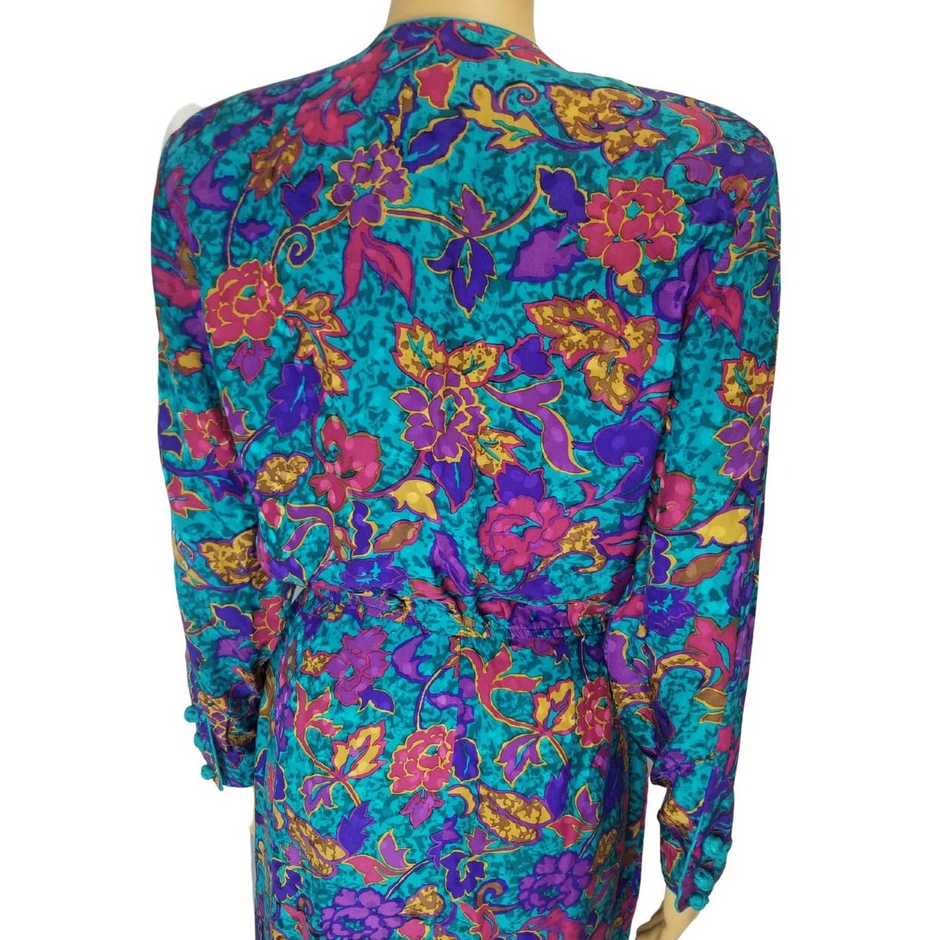 Blue Floral Print Pleated Bodycon Silk Dress Long Sleeve Shoulder Pads Size 8