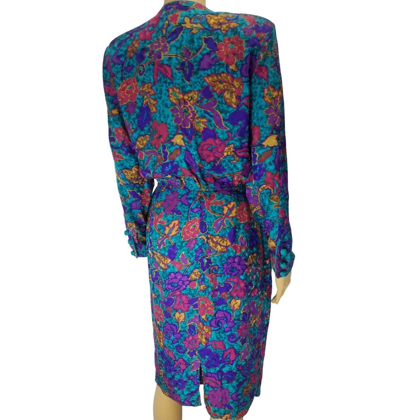 Blue Floral Print Pleated Bodycon Silk Dress Long Sleeve Shoulder Pads Size 8
