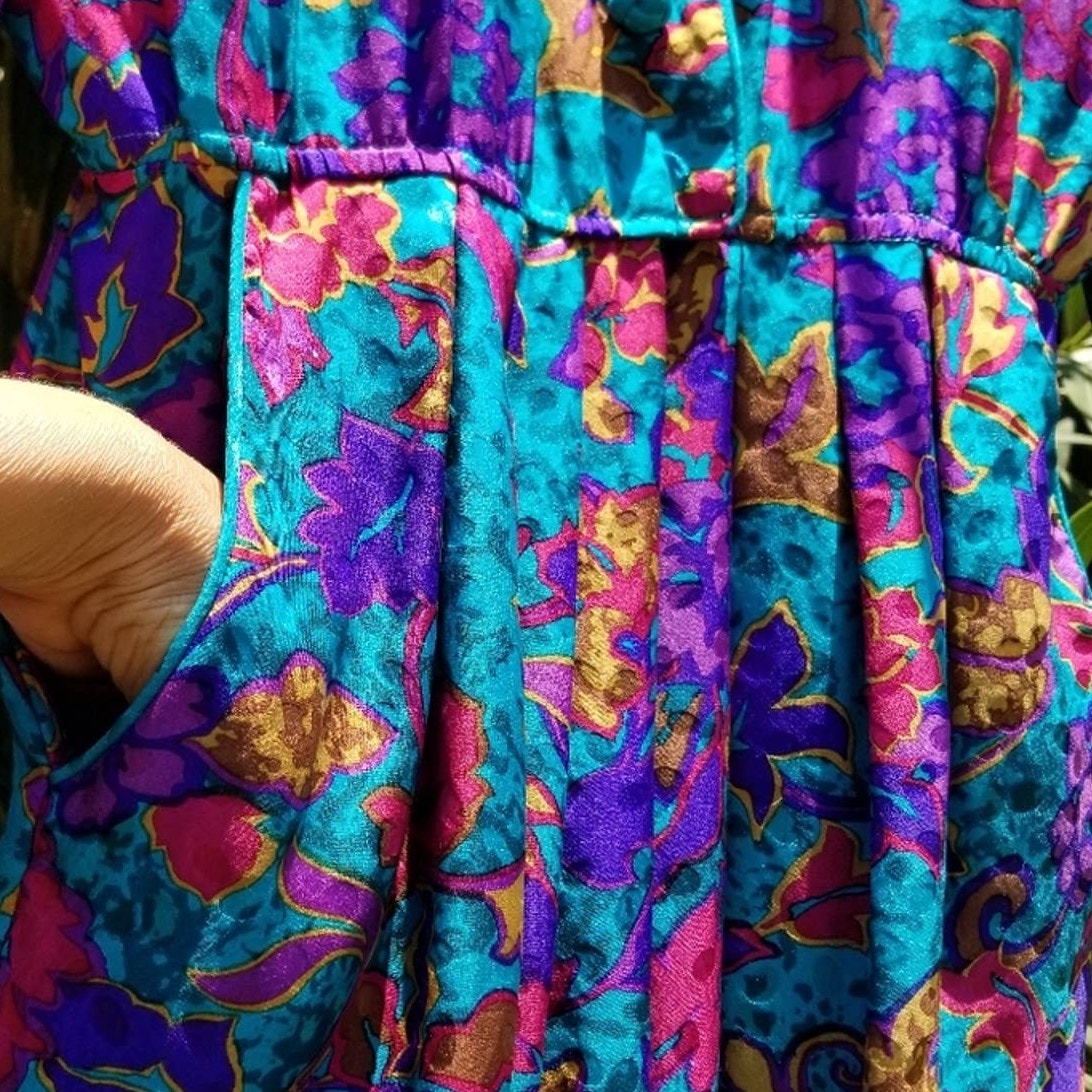 Blue Floral Print Pleated Bodycon Silk Dress Long Sleeve Shoulder Pads Size 8