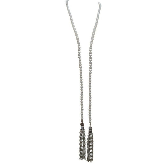 Vintage Cream Chain Link Faux Pearl Silver Tone Long Lariat Tassel Necklace