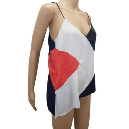 Diane Von Furstenberg Cream Black Pink Silk Spaghetti Strap Tank Top Size Medium
