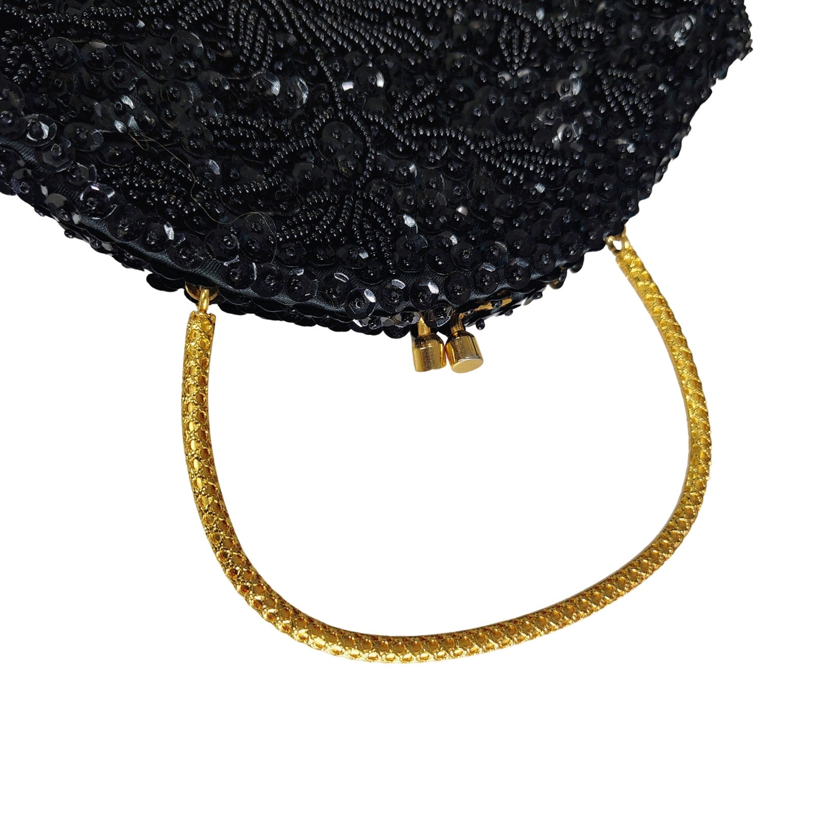 1960s Black Beaded Evening Bag Kiss Closure Handbag Gold Metal Top Handle Purse [Vintage]