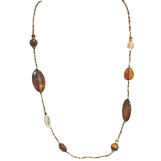 Brown Faux Amber Beads Opera Length Single Strand Pullover Statement Necklace
