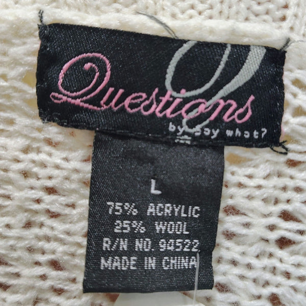 1990s Knit Wool Cardigan Cream Long Boho Open Front Short Sleeve Sweater Size L