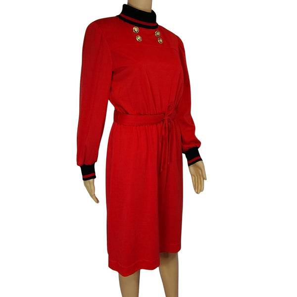 1970s Red Black Marty Gutmacher Petite High Neck Long Sleeve Midi Dress Size 10 [Vintage]