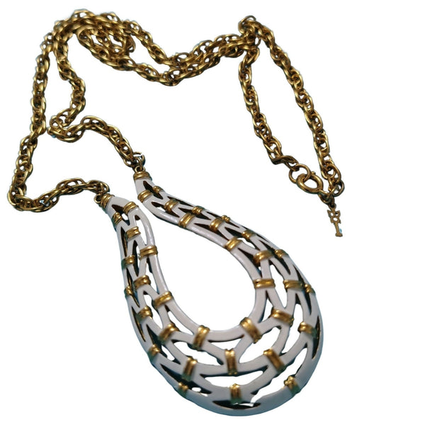 1960s Vintage Crown Trifari Gold White Enamel Woven Pendant Statement Necklace