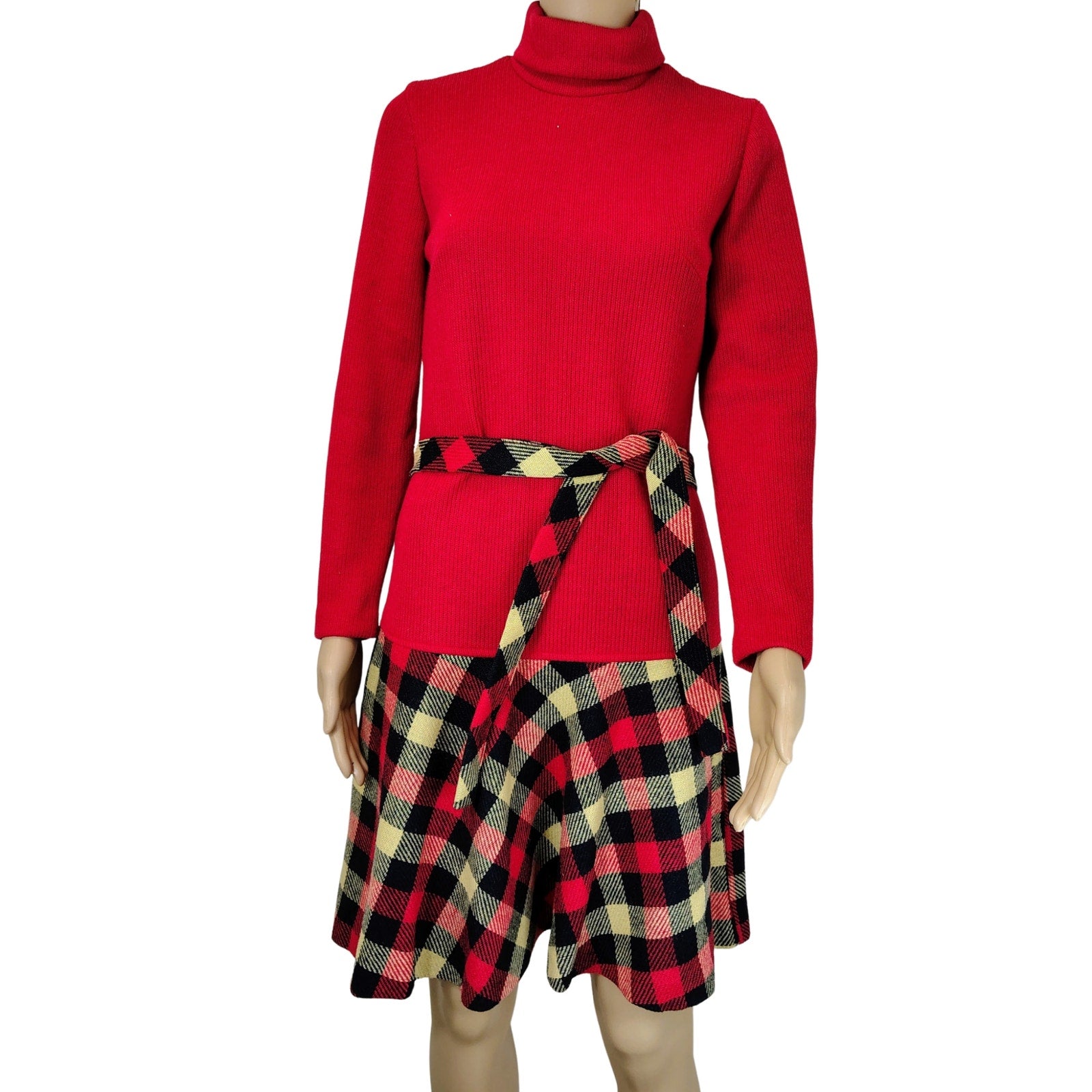1960s Mod Wool Blend Drop Waist Plaid Skirt Dress Belted Long Sleeve Size 8 Regular [Vintage]