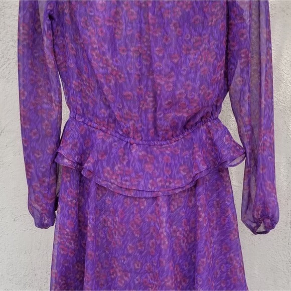 1970s Purple Sheer Leopard Print Peplum Midi Dress Long Sleeve Size 10 [Vintage]