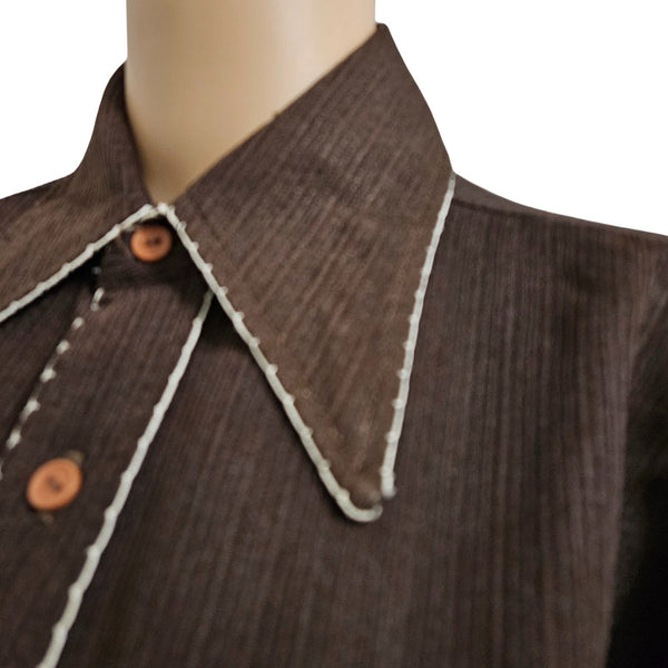 1970s Dress Shirt Brown White Embroidered Wingtip Disco Collar Long Sleeve Size 15 [Vintage]