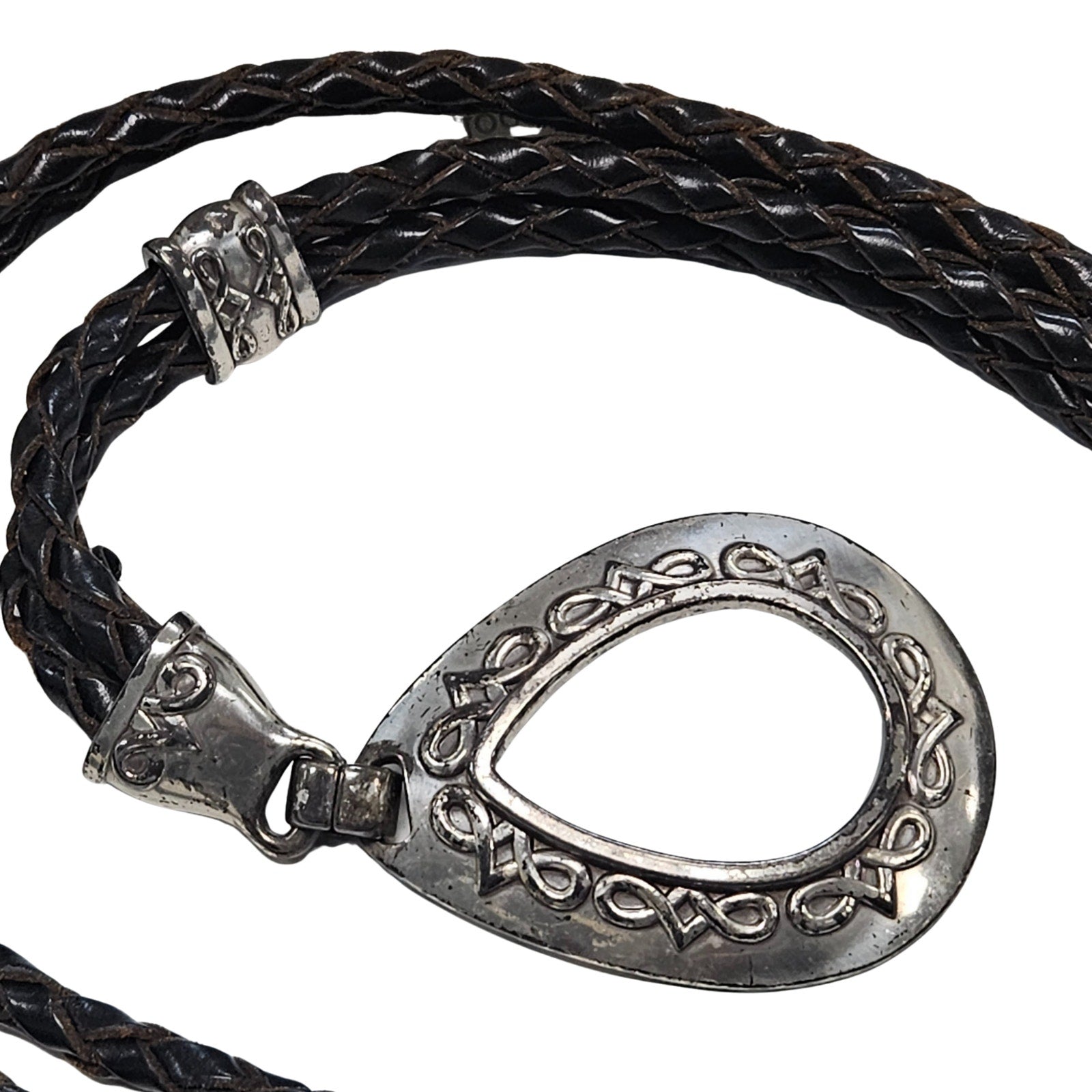 1990s Silver Brighton Western Lariat Double Braided Pull Through Leather Belt [Vintage]