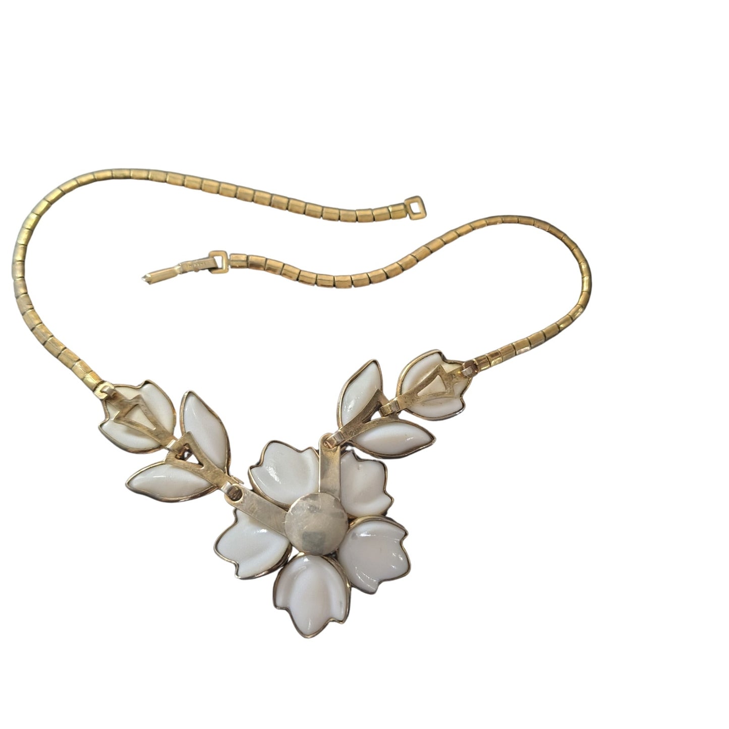 Vintage Crown Trifari White Milk Glass Flower Poured into Gold Tone Necklace