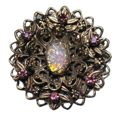 50s Mid Century Vintage  Pink Opalescent Connfetti Aurora Borealis Gold Brooch [vintage]